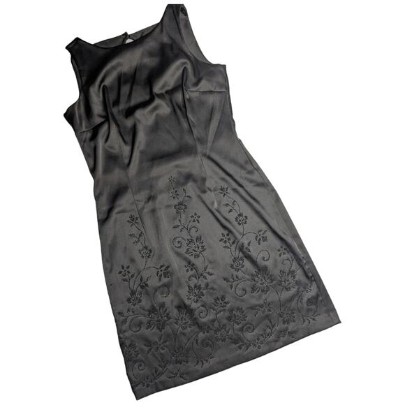 Vintage Dresses & Skirts - Vtg 1990s CDC Black Satin Floral Micro Beaded Sleeveless Mini Sheath Dress 10